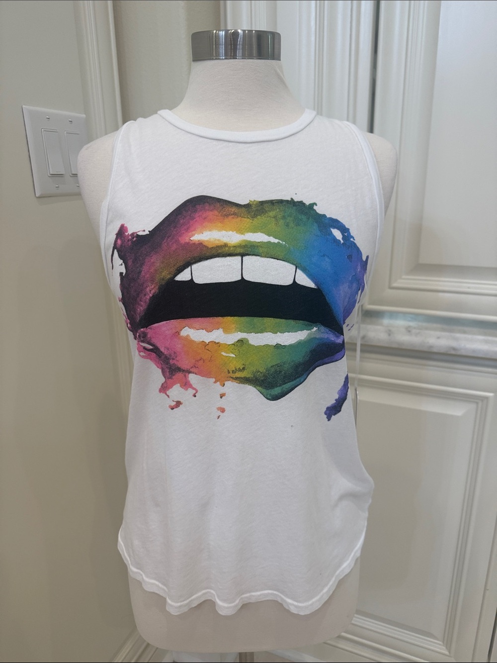Lauren Moshi White Tank with Rainbow Lip Print